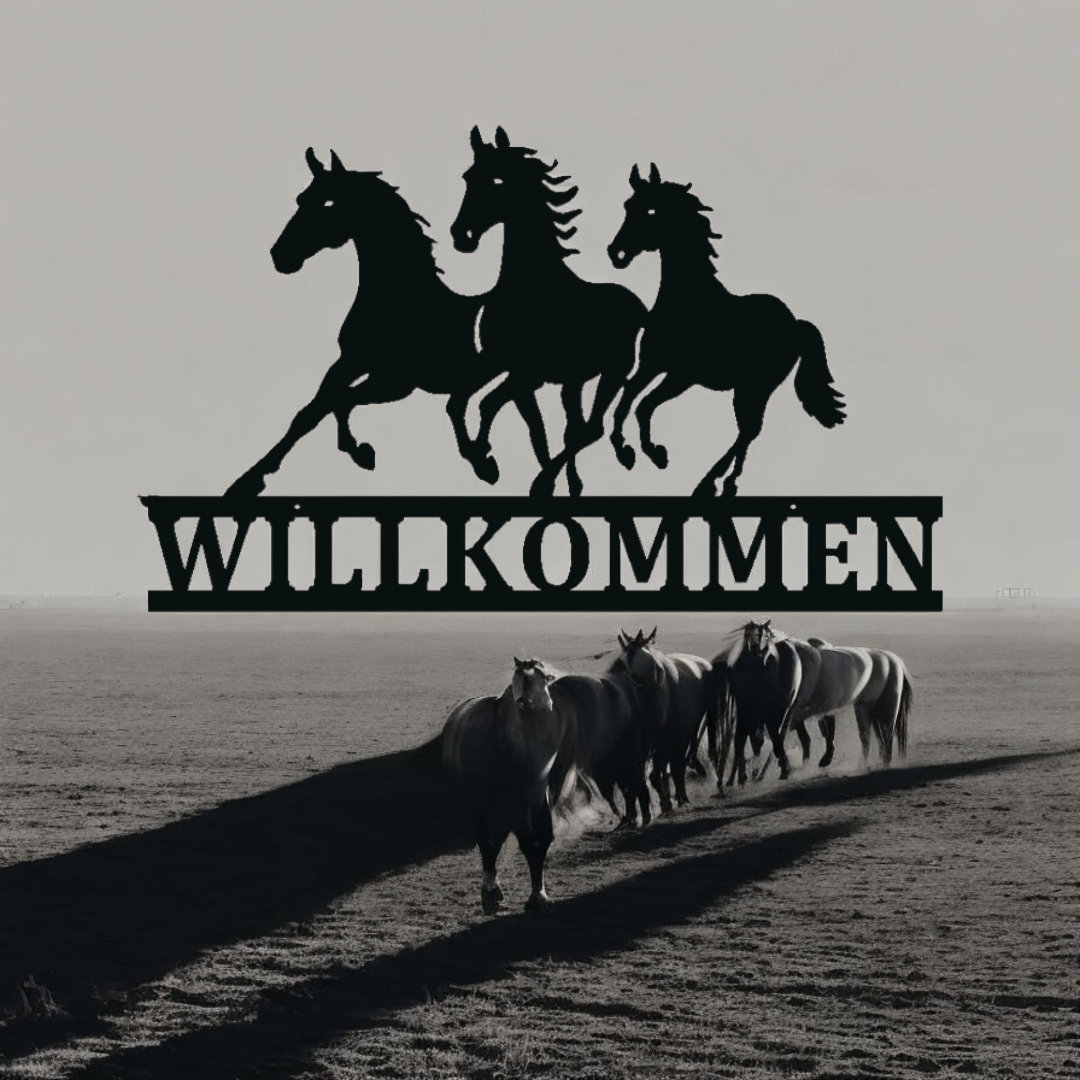 Willkommensschild mit Pferden | Hauseingang | Hauswand | Pferdestall | Bauernhof | Pferdehof | Viele Größen und Farben |