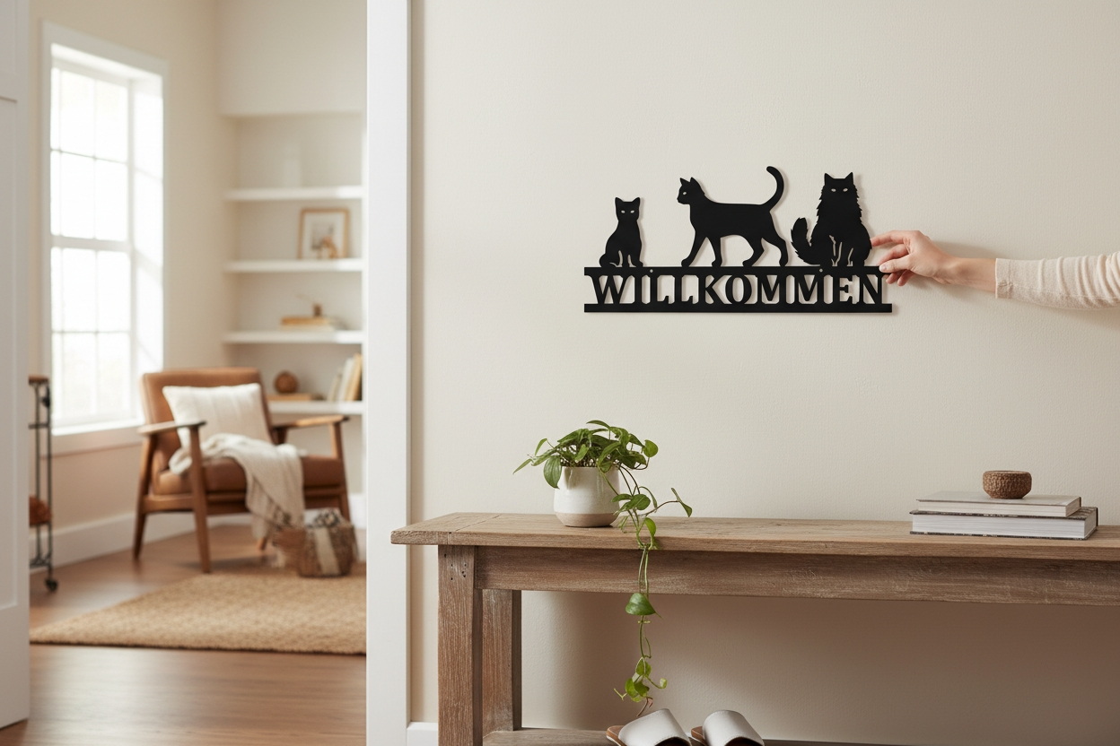Willkommensschild mit Katzen | Hauseingang | Hauswand | Haustür | Bauernhof | Wohnzimmer | Viele Größen und Farben |