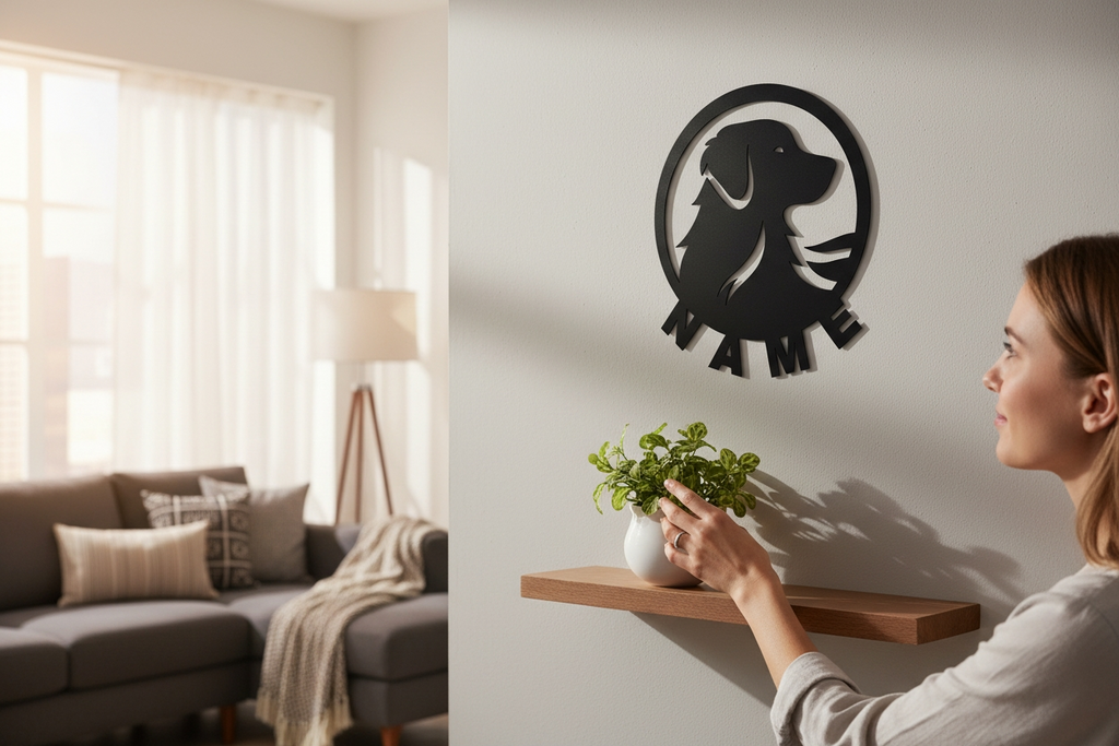 Metall Wandschild Hund – Hunde Kopf Silhouette im Kreis – Moderne Wanddeko aus Metall – Geschenk für Hundeliebhaber