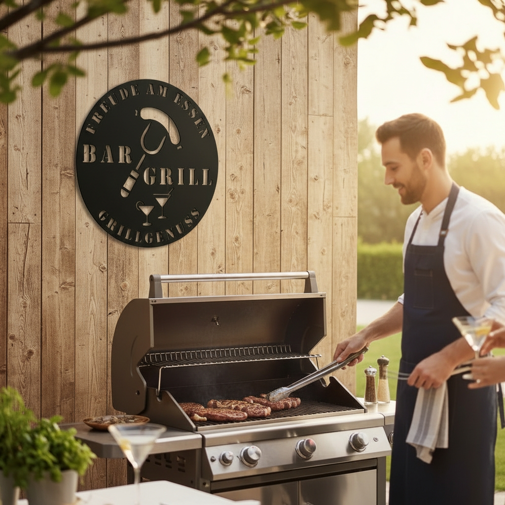 Personalisiertes Grill und Bar Metallschild aus Stahl – individuelles Wandschild für Grillplatz, Garten und Outdoor-Küche