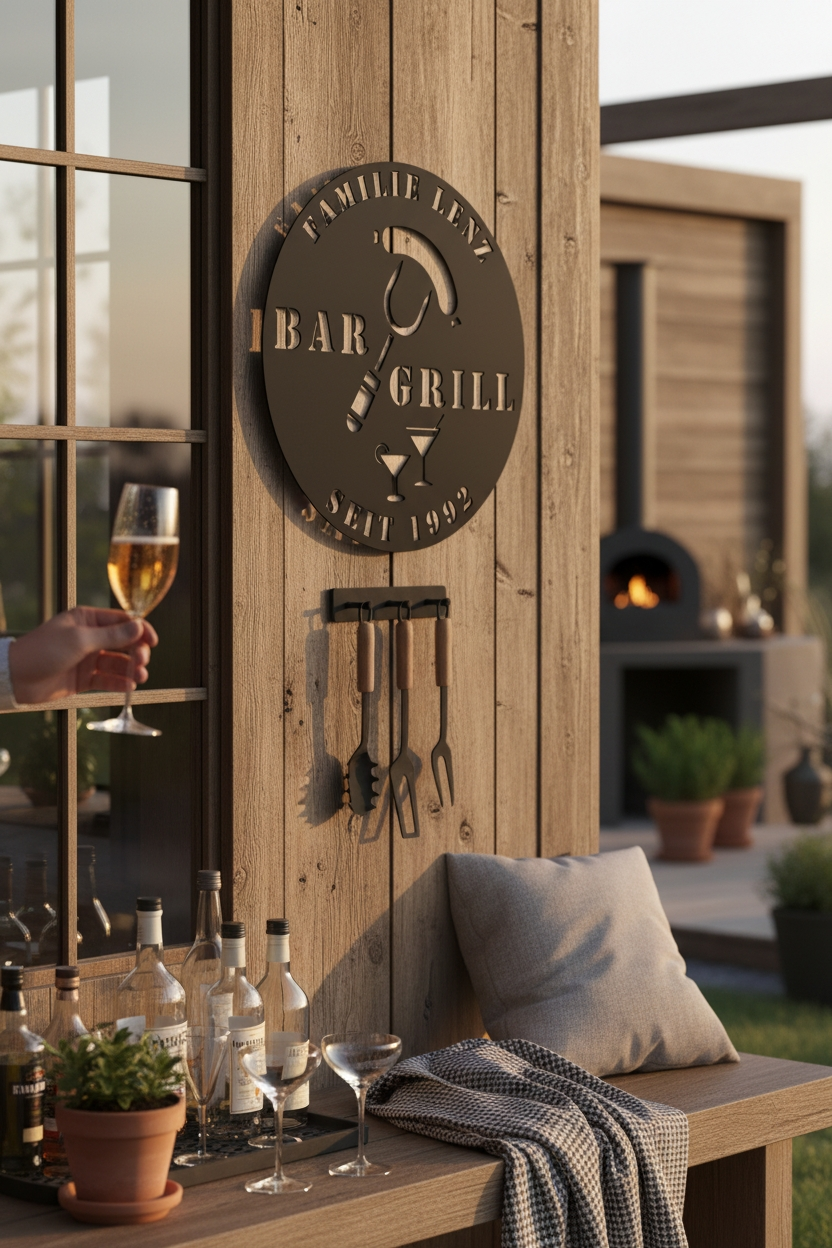 Personalisiertes Grill und Bar Metallschild aus Stahl – individuelles Wandschild für Grillplatz, Garten und Outdoor-Küche