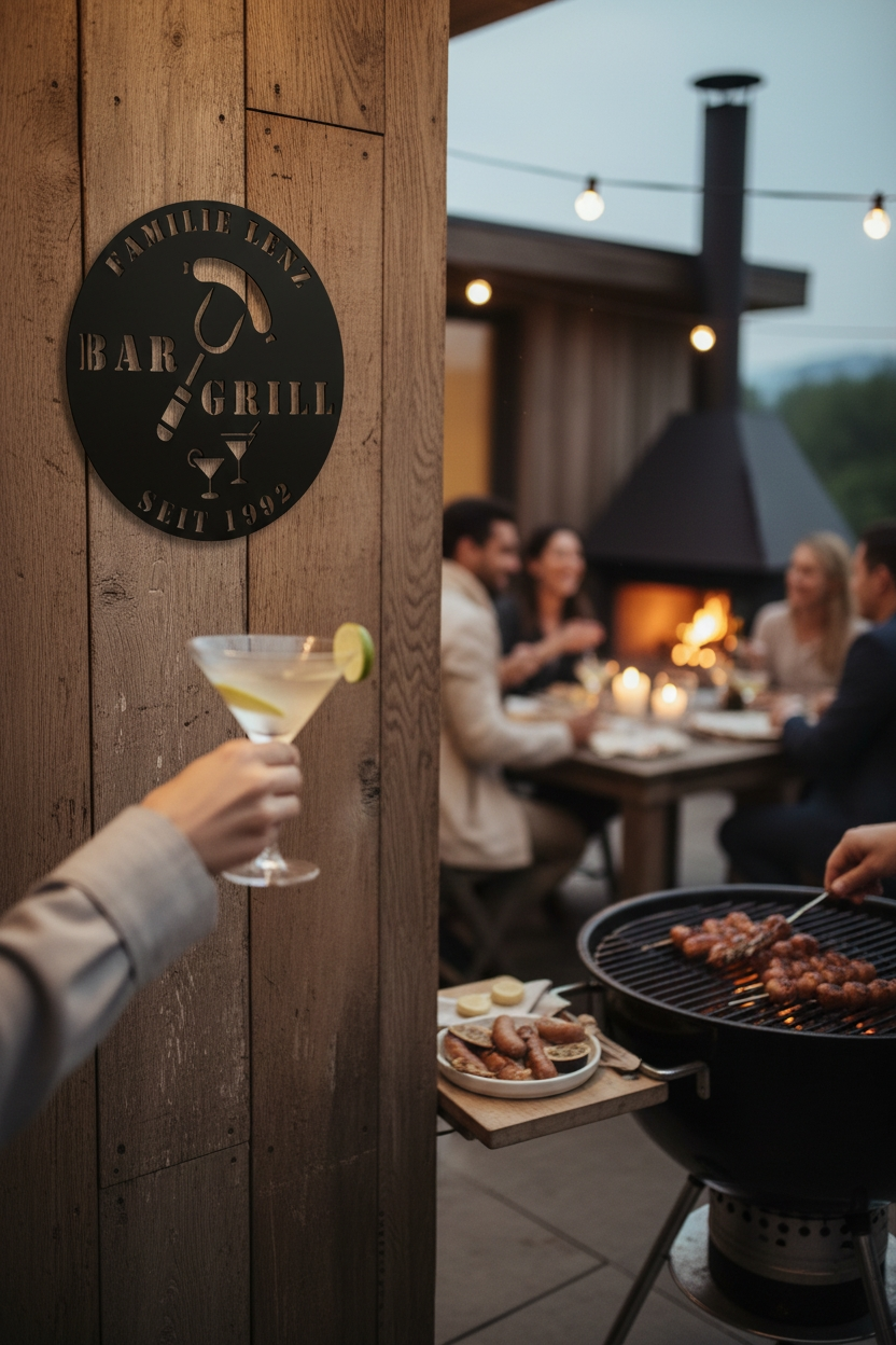 Personalisiertes Grill und Bar Metallschild aus Stahl – individuelles Wandschild für Grillplatz, Garten und Outdoor-Küche