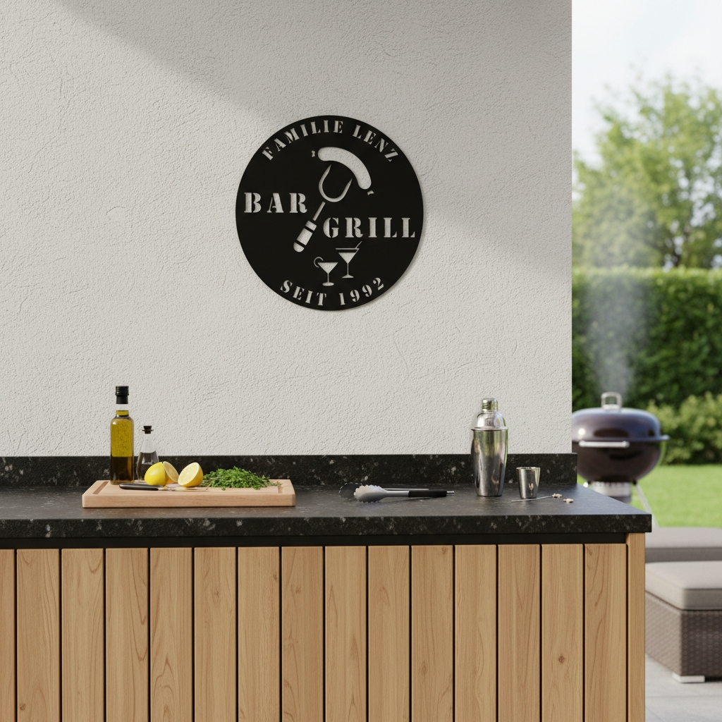 Personalisiertes Grill und Bar Metallschild aus Stahl – individuelles Wandschild für Grillplatz, Garten und Outdoor-Küche